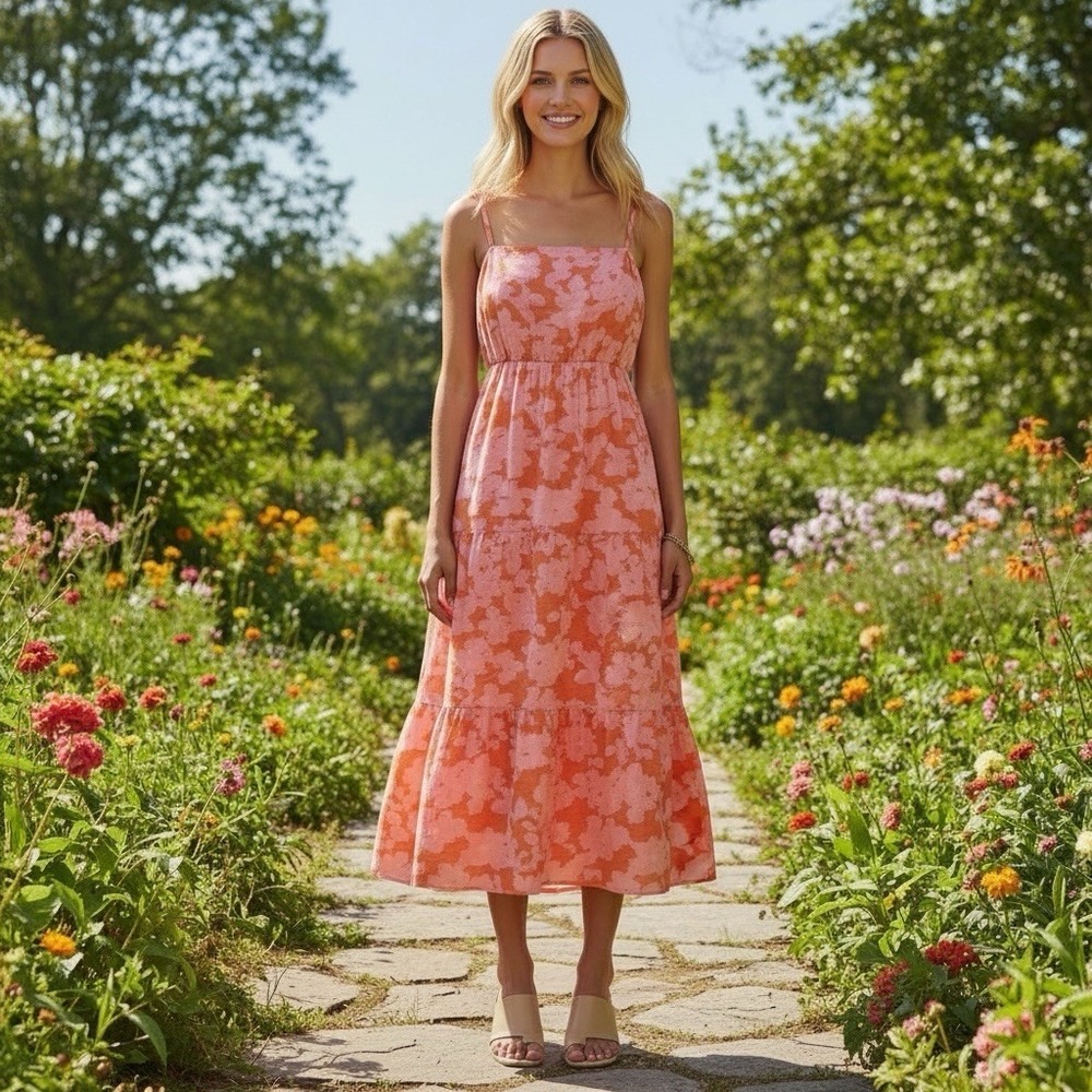 Sanctuary Social Standard Women's XL Smocked Tiered Midi Dress Pink Floral NWT